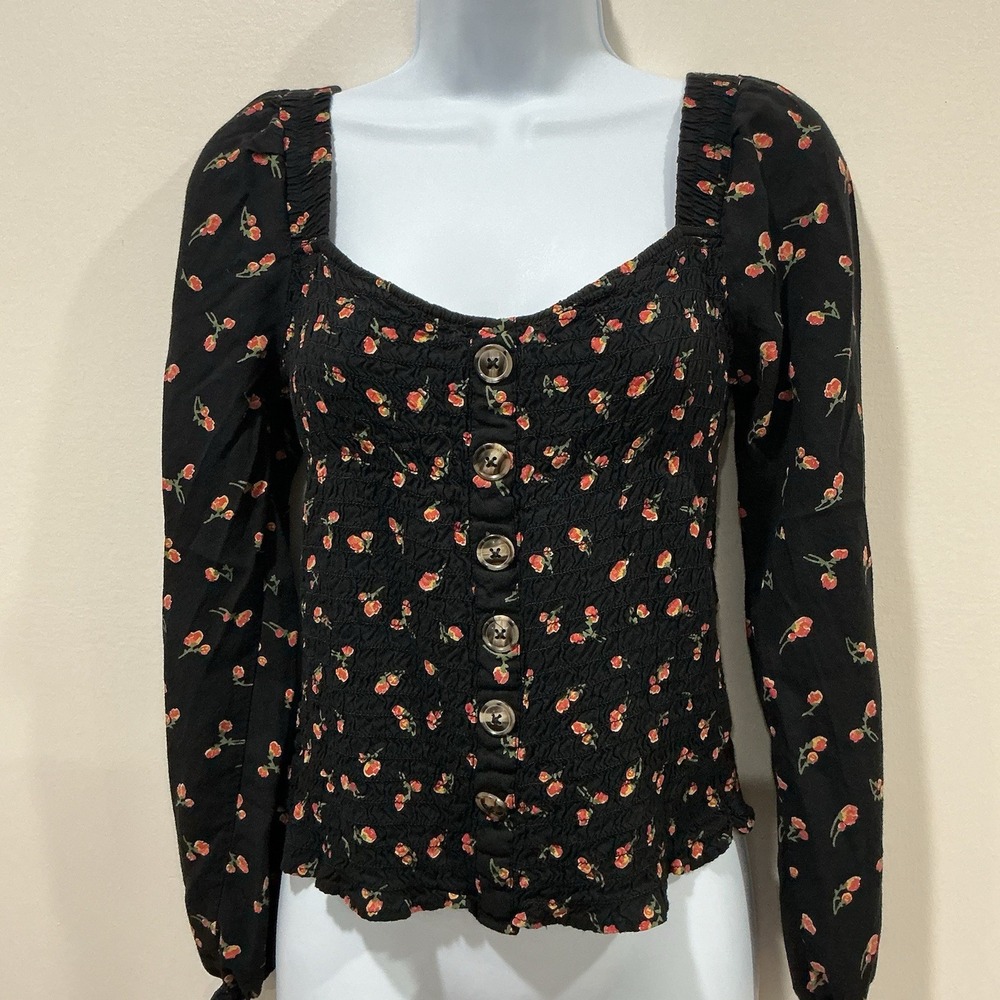 NOBO Floral Smocked Milkmaid Top Y2K Long Sleeve Cottagecore Peasant‎ Boho Large